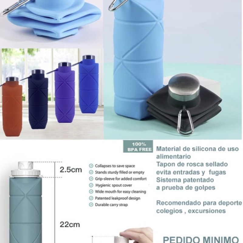 Botella de agua plegable de Silicona de uso alimentario. Más info 639 37 40 46 