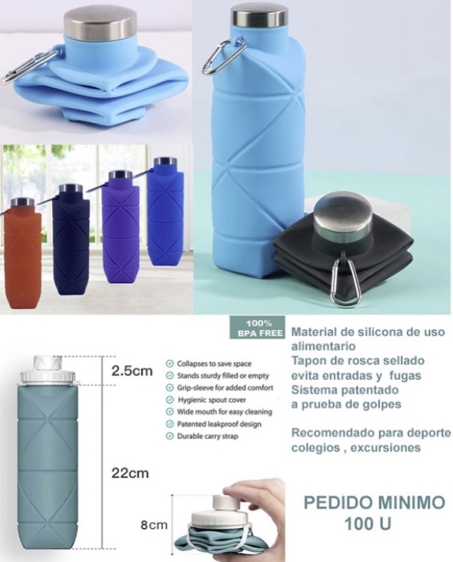 Botella de agua plegable de Silicona de uso alimentario. Más info 639 37 40 46 